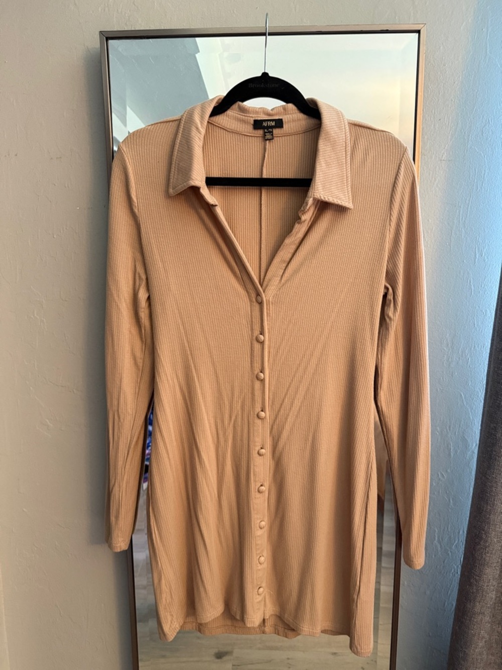 AFRM Ribbed Button-Front Long Sleeve Collared Beige Dress